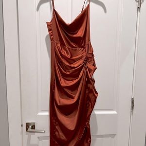 Rust dress with ruching and slit